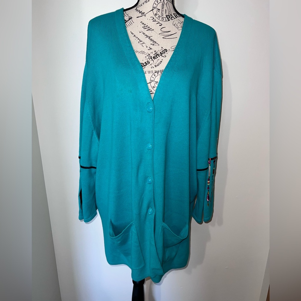 Bob Mackie Wearable Art Turquoise Embroidered Cardigan Duster Dreamcatcher/3X - Picture 2 of 9